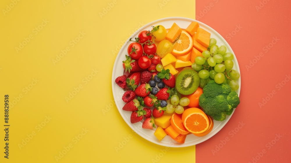 A colorful plate of fresh fruits and vegetables showcasing healthy eating habits selective focus, whimsical, Manipulation, kitchen backdrop A colorful plate of fresh fruits and vegetables showcasing healthy eating habits selective focus, whimsical, Manipulation, kitchen backdrop