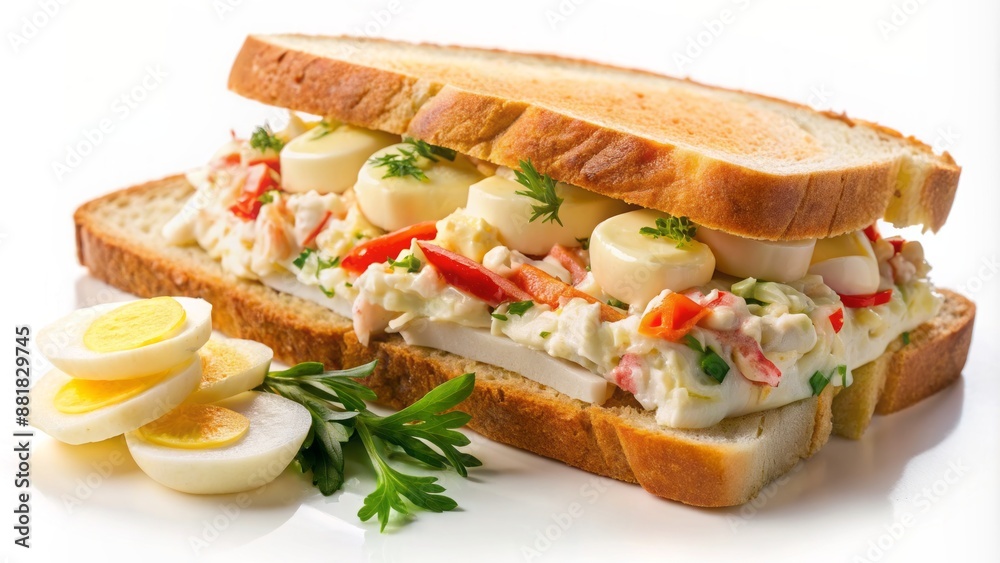 Delicious seafood-inspired sandwich with crispy crab sticks, boiled eggs, and potato salad, served on a plain white background. Delicious seafood-inspired sandwich with crispy crab sticks, boiled eggs, and potato salad, served on a plain white background.