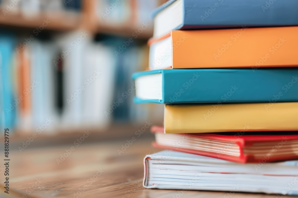 A stack of diverse books representing various subjects on a wooden shelf selective focus, vibrant, Composite, library backdrop A stack of diverse books representing various subjects on a wooden shelf selective focus, vibrant, Composite, library backdrop