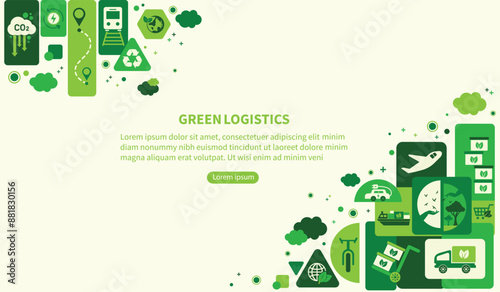 The concept of green logistics and supply chain with icons. Sustainable development, economy and clean, greenhouse-free transport in the form of electric, hybrid or hydrogen propulsion vector.