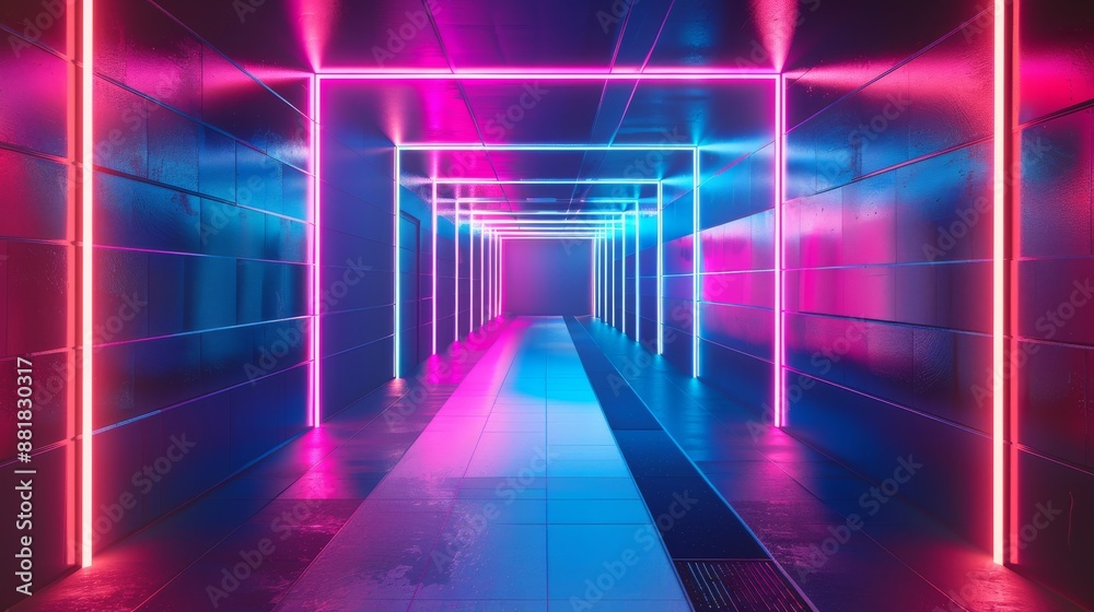 Empty corridor with blue and purple neon lights illuminating metallic walls, creating a futuristic and vibrant atmosphere Empty corridor with blue and purple neon lights illuminating metallic walls, creating a futuristic and vibrant atmosphere