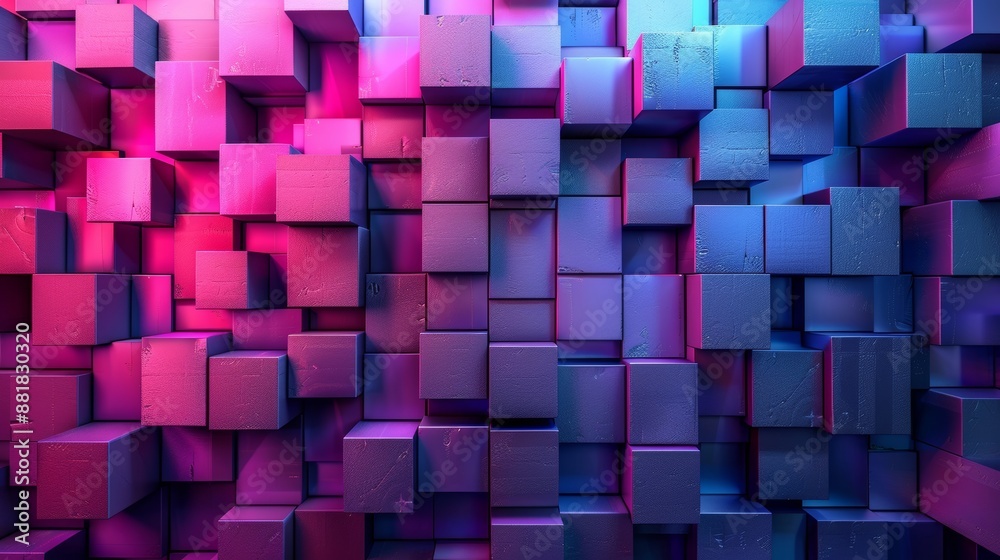Metallic cubes are forming an abstract wall, creating a beautiful three-dimensional surface with a gradient of blue and purple colors
