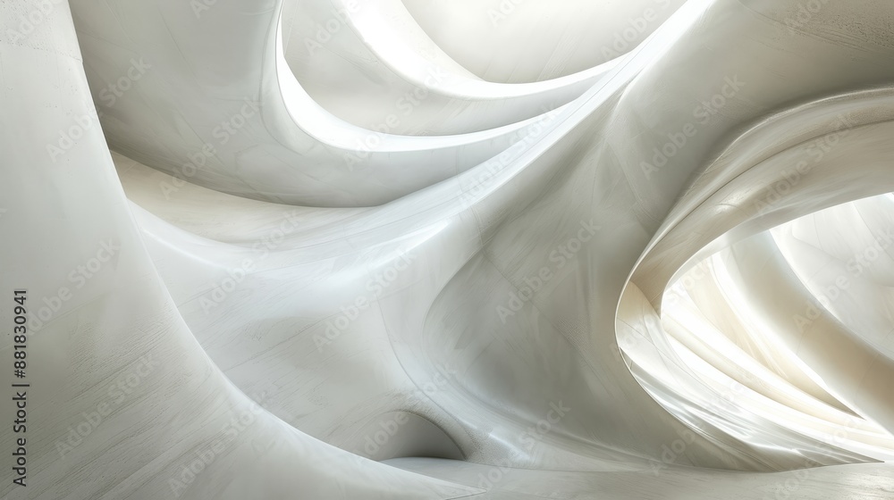 Smooth white curved walls elegantly flow in an empty space, bathed in soft light from above, creating a futuristic and clean design with a touch of luxury and minimalism Smooth white curved walls elegantly flow in an empty space, bathed in soft light from above, creating a futuristic and clean design with a touch of luxury and minimalism