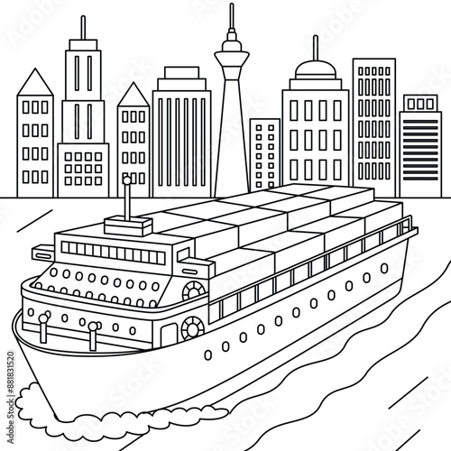 Ferry on cityscape background, transportation, vehicle, outline coloring page