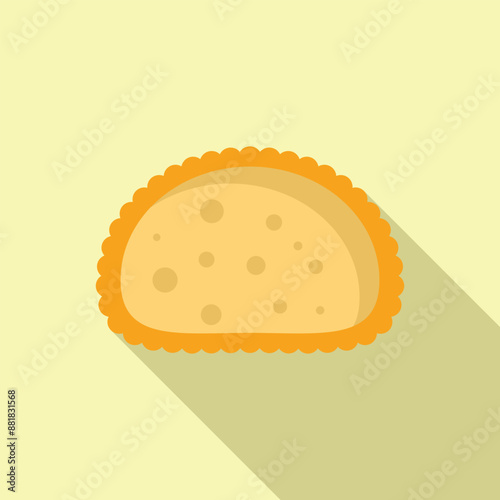 Chilean empanada with a shadow, showing its delicious filling on a light yellow background