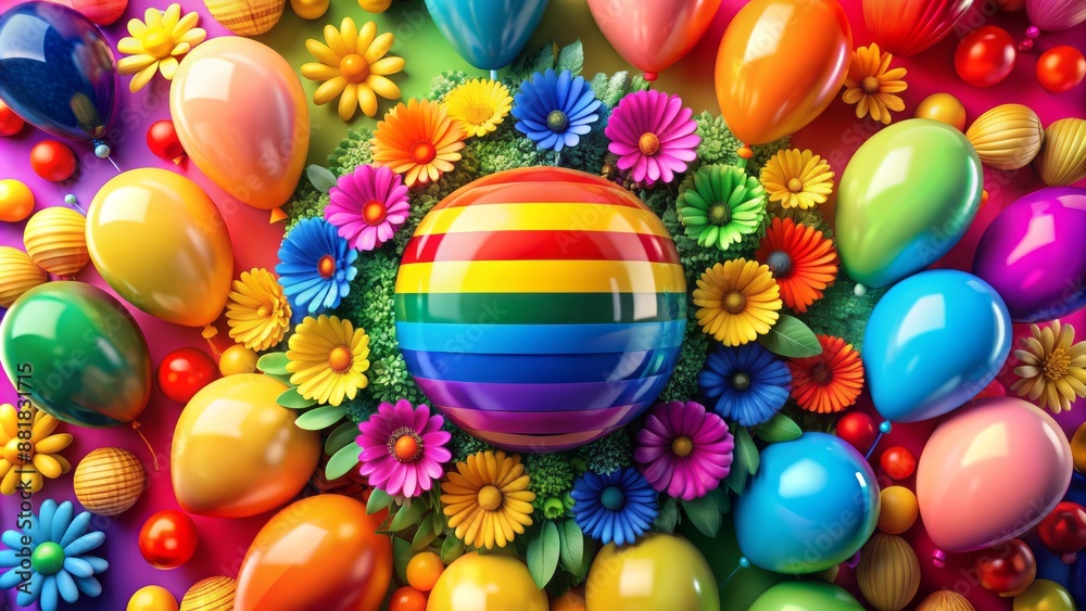 Vibrant rainbow-colored balloons and flowers surround a stylized equality symbol on a bold, bright, and colorful abstract background.