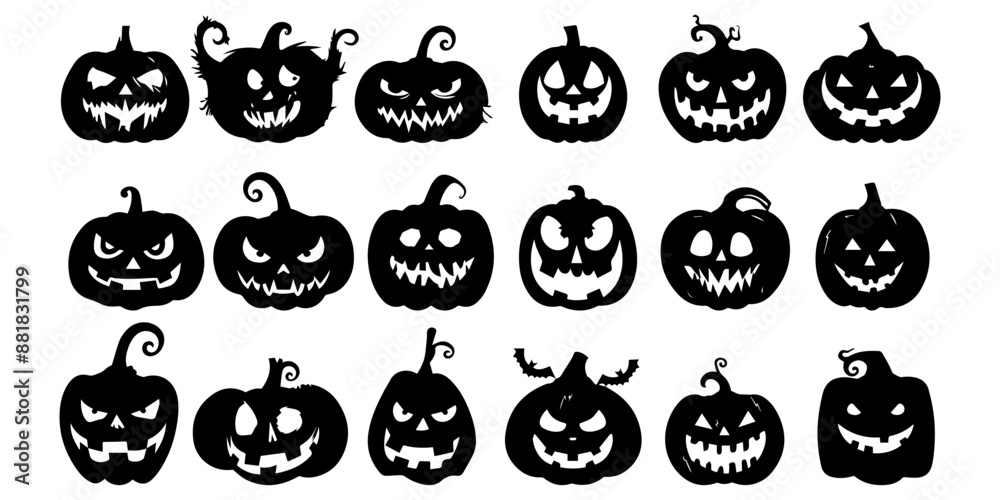 Set of Halloween pumpkins in the form of silhouettes on a white background.