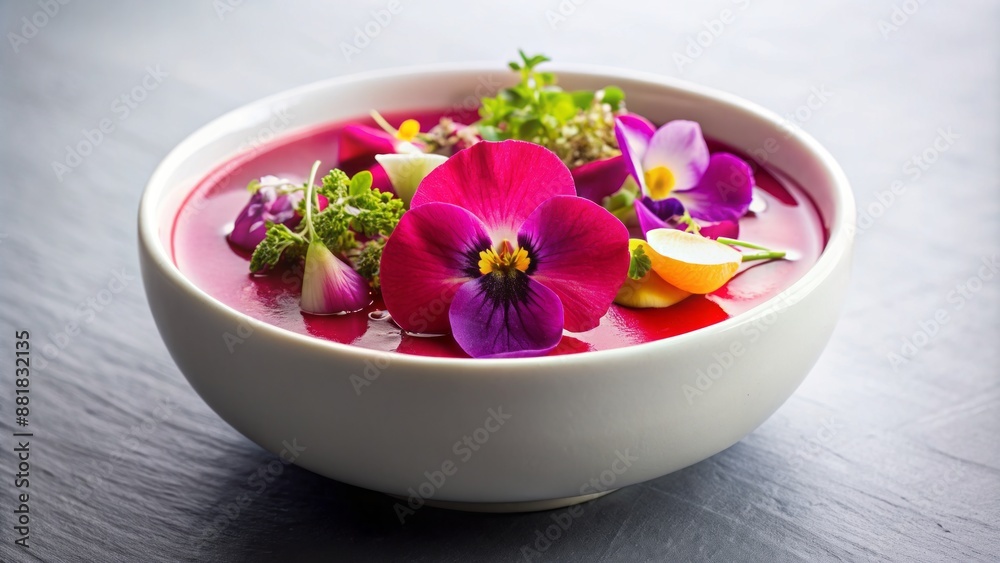 A vibrant magenta-colored dessert, garnished with edible flowers and microgreens, sits elegantly in a modern, white, minimalist bowl. A vibrant magenta-colored dessert, garnished with edible flowers and microgreens, sits elegantly in a modern, white, minimalist bowl.