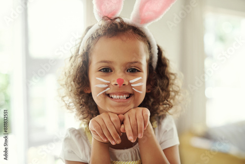 Photography Home, portrait and girl with creative for bunny ears, decoration and costume for cosplay with child