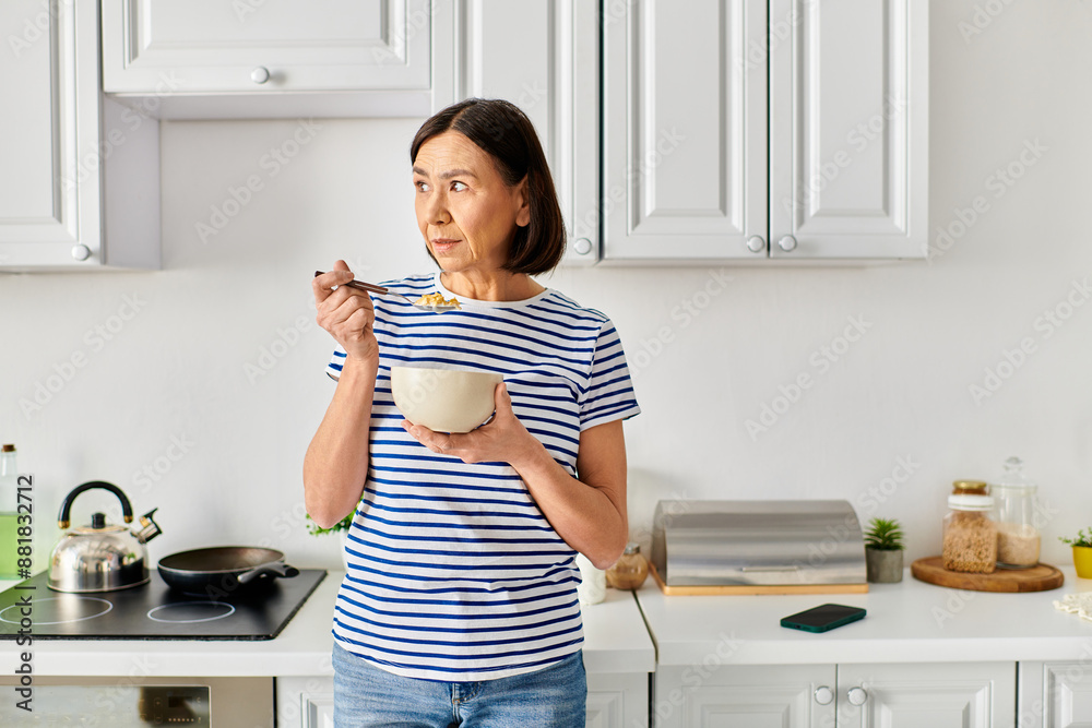 Stylish woman in cozy attire holding a bowl of food in a warm kitchen. Stylish woman in cozy attire holding a bowl of food in a warm kitchen.