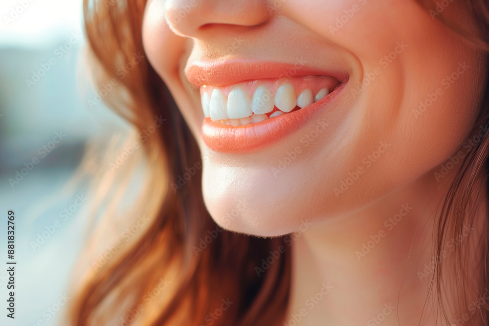 Obraz premium Close-up of a woman's smile with perfect white teeth and soft natural lighting