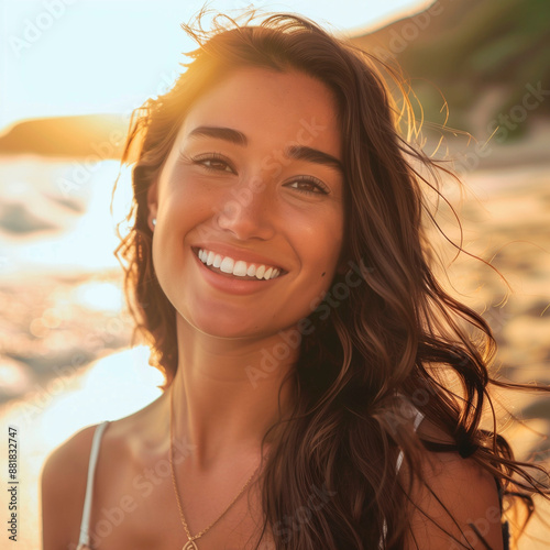 Smiling woman with long hair enjoying a sunny day at the beach with the ocean in the background