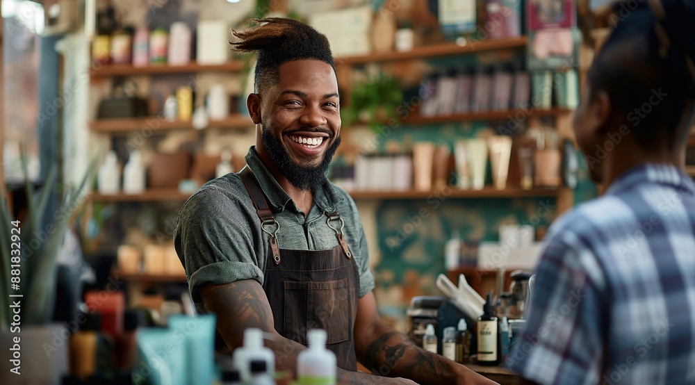a happy male barber hair designer is having a conversation with a customer at a barber shop. a happy male barber hair designer is having a conversation with a customer at a barber shop.