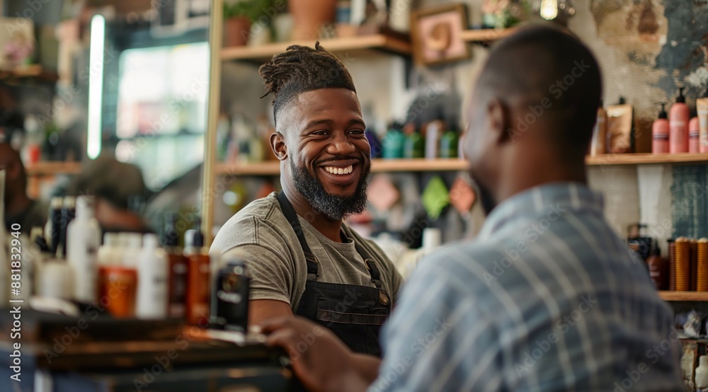 a happy male barber hair designer is having a conversation with a customer at a barber shop. a happy male barber hair designer is having a conversation with a customer at a barber shop.