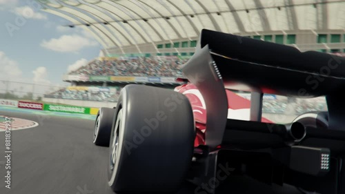 Race car POV shot following and trying to overtake a generic formula one race car. High quality 3d animation