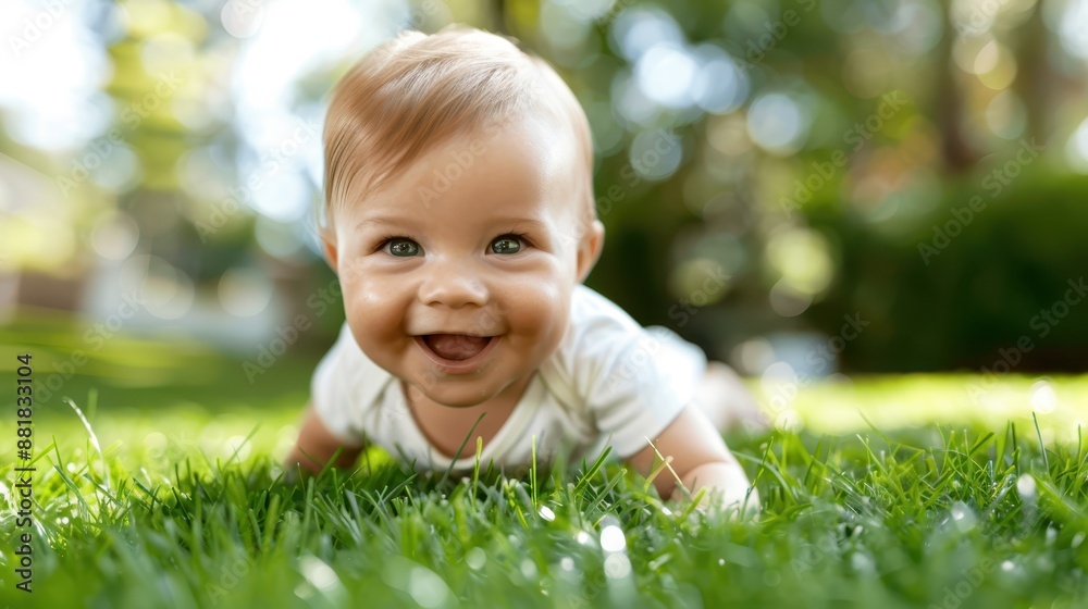An adorable baby lies on green grass outdoors, smiling brightly in the sunlight. The infant exhibits joy and curiosity while enjoying the beautiful day.
