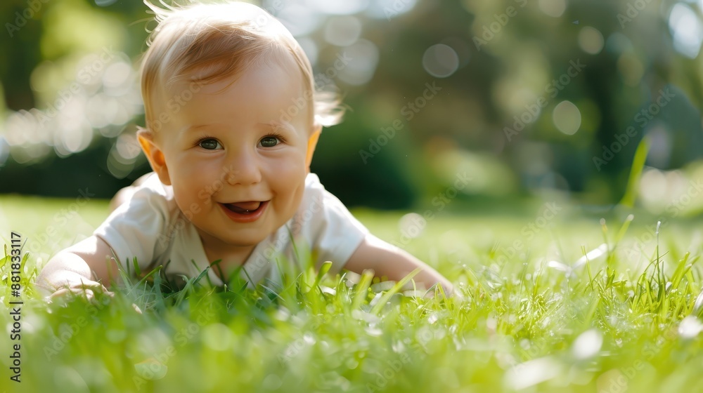 A delighted baby in a white onesie crawls on green grass outdoors, sparkling eyes and smiling with joy. The scene captures the freshness and beauty of a sunny day. A delighted baby in a white onesie crawls on green grass outdoors, sparkling eyes and smiling with joy. The scene captures the freshness and beauty of a sunny day.