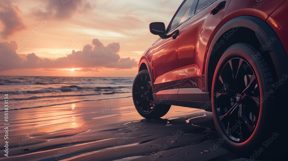 Red SUV at Sunset on the Beach Red SUV at Sunset on the Beach