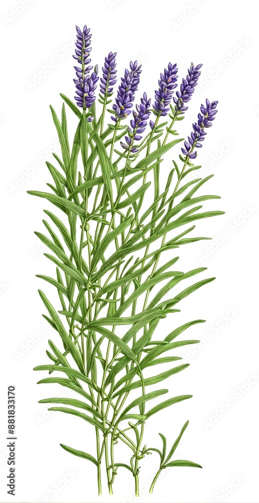 Botanical illustration of a lavender plant, known for its calming properties, white background. 2 Botanical illustration of a lavender plant, known for its calming properties, white background. 2
