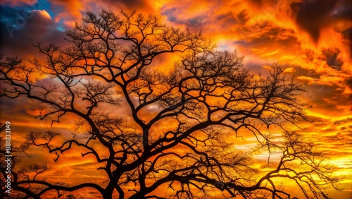 Dramatic dark silhouette of delicate tangled tree branches against a vibrant orange sunset sky with subtle cloud formations.