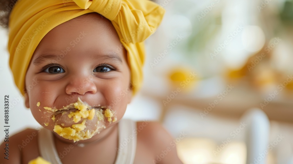 A cute baby wearing a bright yellow headband smiles charmingly with food smeared all around their mouth, embodying the joys and adventures of early eating experiences. A cute baby wearing a bright yellow headband smiles charmingly with food smeared all around their mouth, embodying the joys and adventures of early eating experiences.