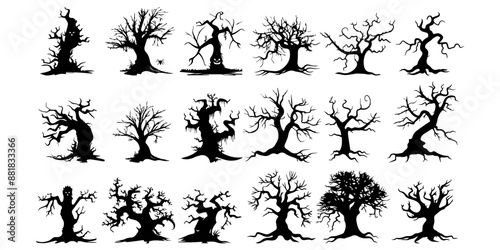 Set of Halloween trees in the form of silhouettes on a white background.