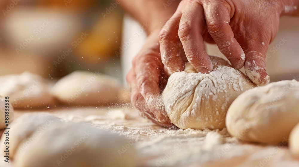 Close-up image of skilled hands shaping small dough balls on a floured surface, showcasing the detailed process involved in making perfectly round bread rolls. Close-up image of skilled hands shaping small dough balls on a floured surface, showcasing the detailed process involved in making perfectly round bread rolls.