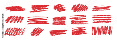 Red scribble strokes isolated on white background. Set of hand drawn brush lines different forms. Rough charcoal strokes. Vector grunge brushes