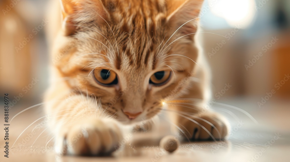A close-up of an orange cat intensely playing with a small ball on the floor inside a house, exhibiting curiosity and playful behavior. A close-up of an orange cat intensely playing with a small ball on the floor inside a house, exhibiting curiosity and playful behavior.
