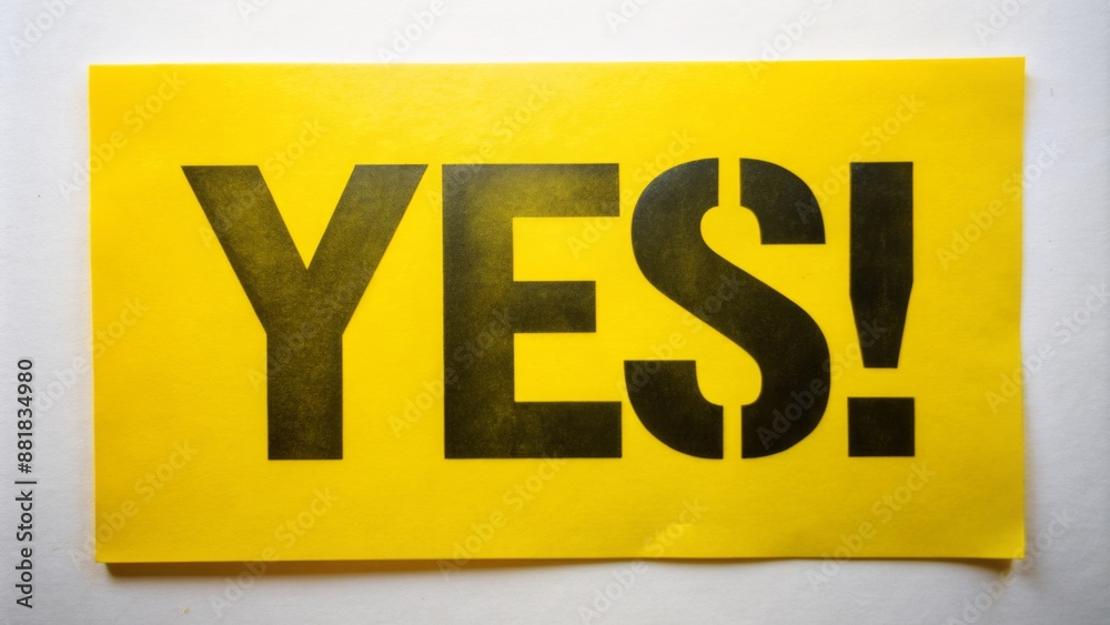 A bright yellow stencil paper with bold black lettering of the affirmative word yes stands out against a white background. A bright yellow stencil paper with bold black lettering of the affirmative word yes stands out against a white background.
