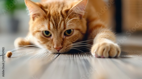 A ginger cat captured in a moment of intense focus as it eyes a treat on the floor, showcasing its anticipation, patience, and playful nature. photo