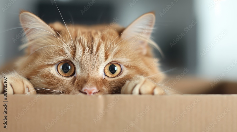 A ginger cat peeking over the edge of a cardboard box with its paws visible, displaying a curious expression and wide eyes in a softly illuminated indoor setting. A ginger cat peeking over the edge of a cardboard box with its paws visible, displaying a curious expression and wide eyes in a softly illuminated indoor setting.