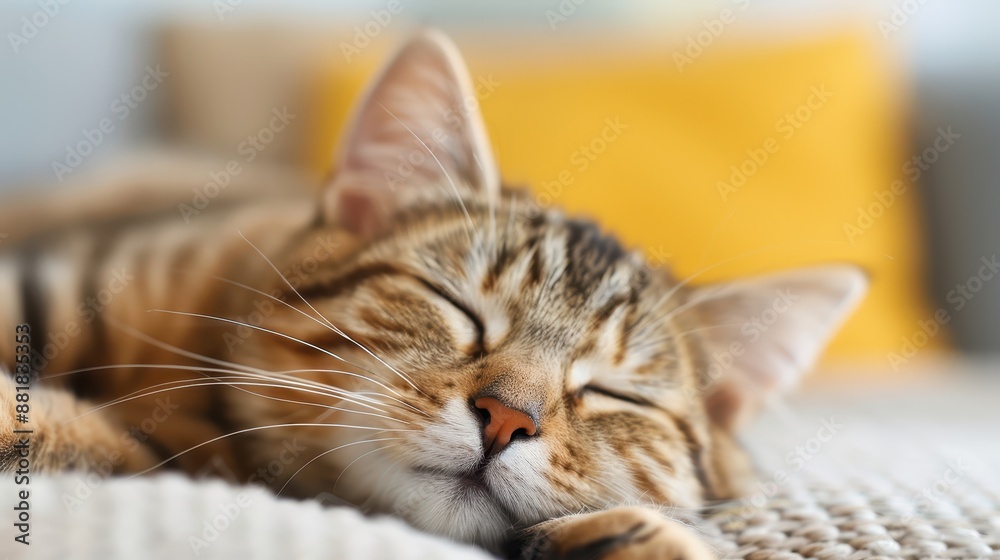 An enchanting tabby kitten sleeps comfortably on a soft cushion, basking in the cozy ambiance of a home interior. Its peaceful expression exudes warmth and contentment.