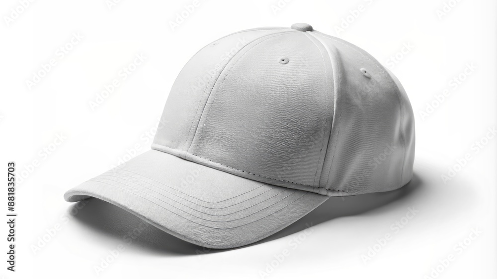 Empty white baseball cap mockup facing forward on a plain white background, with subtle shadows and realistic textures visible. Empty white baseball cap mockup facing forward on a plain white background, with subtle shadows and realistic textures visible.