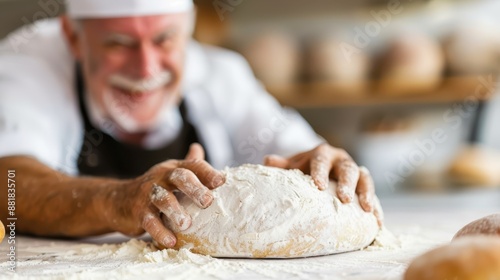 An experienced baker uses both hands to knead a dough placed on a floured worktop in a bakery, focusing on creating a perfect bread loaf with precision and skill. photo