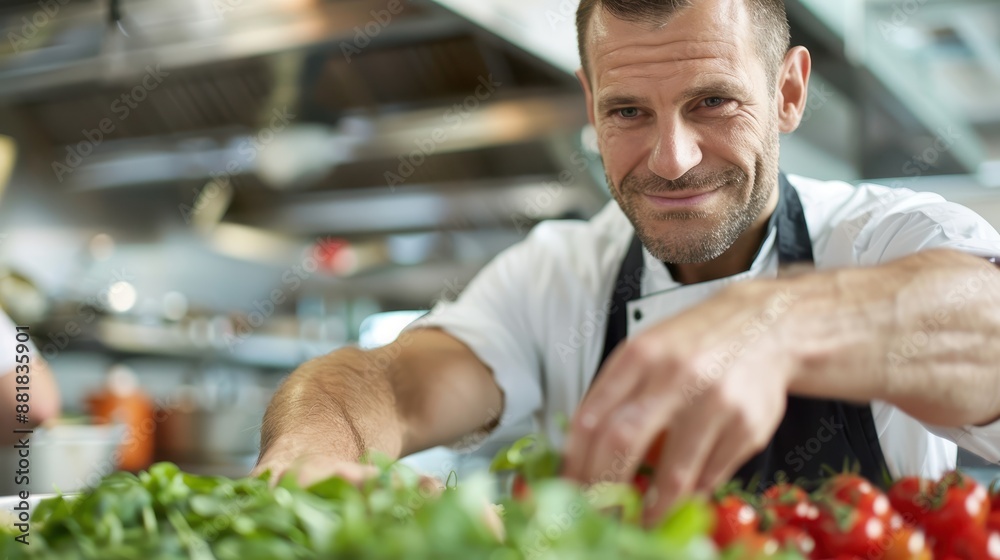 A dedicated chef in a bustling kitchen meticulously arranges fresh ingredients including tomatoes and greens, highlighting the importance of quality in culinary arts and preparation. A dedicated chef in a bustling kitchen meticulously arranges fresh ingredients including tomatoes and greens, highlighting the importance of quality in culinary arts and preparation.