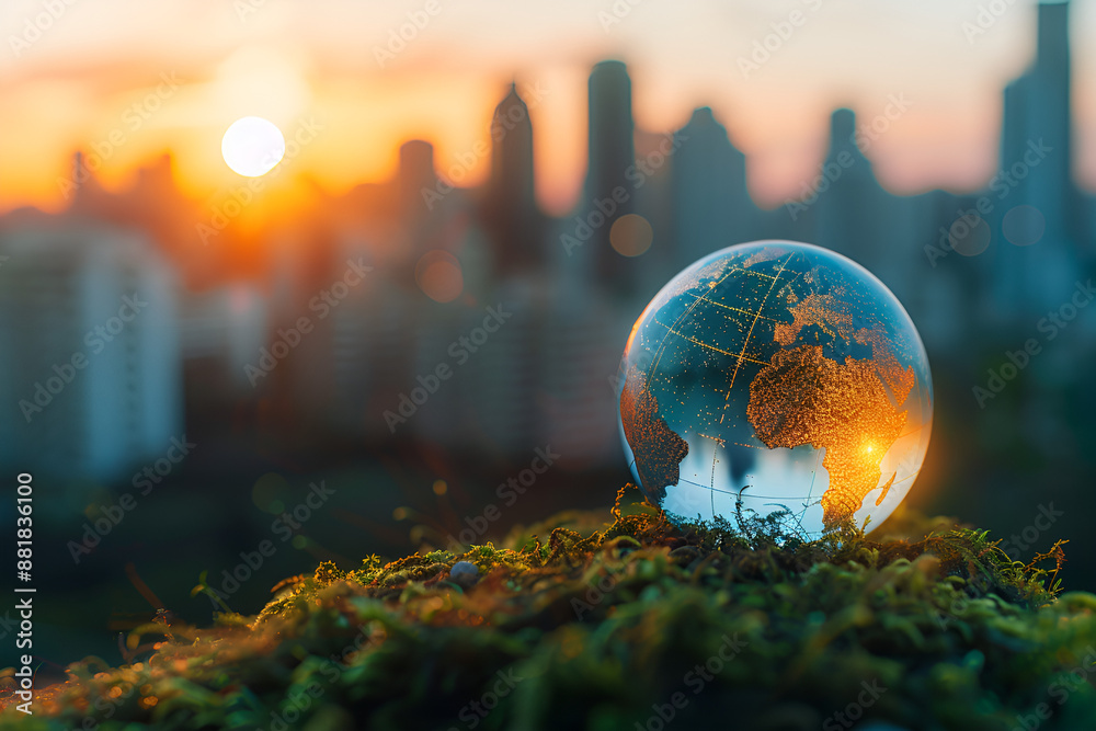Glowing glass earth globe on green moss with blurred city background, concept of global environmental protection and ecology in the world, Generative AI Glowing glass earth globe on green moss with blurred city background, concept of global environmental protection and ecology in the world, Generative AI