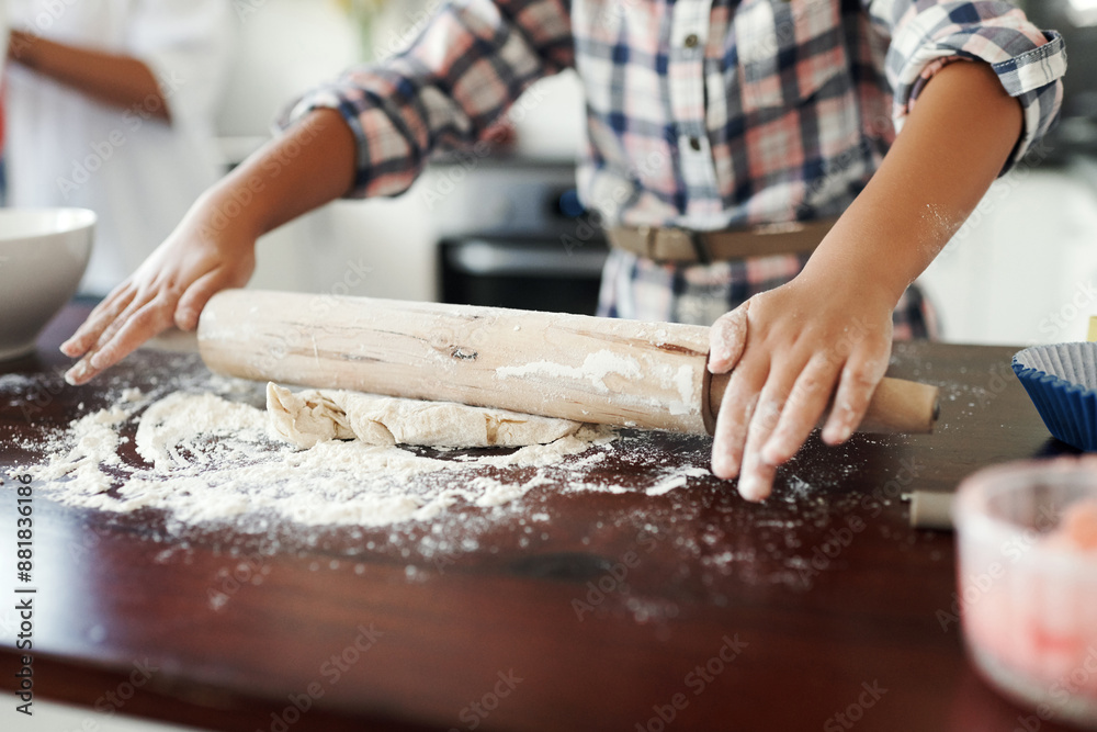 Dough, hands or kid baking with pin and flour in kitchen for child development to prepare cookies in home. Skills, closeup or baker learning pastry recipe for lunch meal, cooking snacks or dessert Dough, hands or kid baking with pin and flour in kitchen for child development to prepare cookies in home. Skills, closeup or baker learning pastry recipe for lunch meal, cooking snacks or dessert