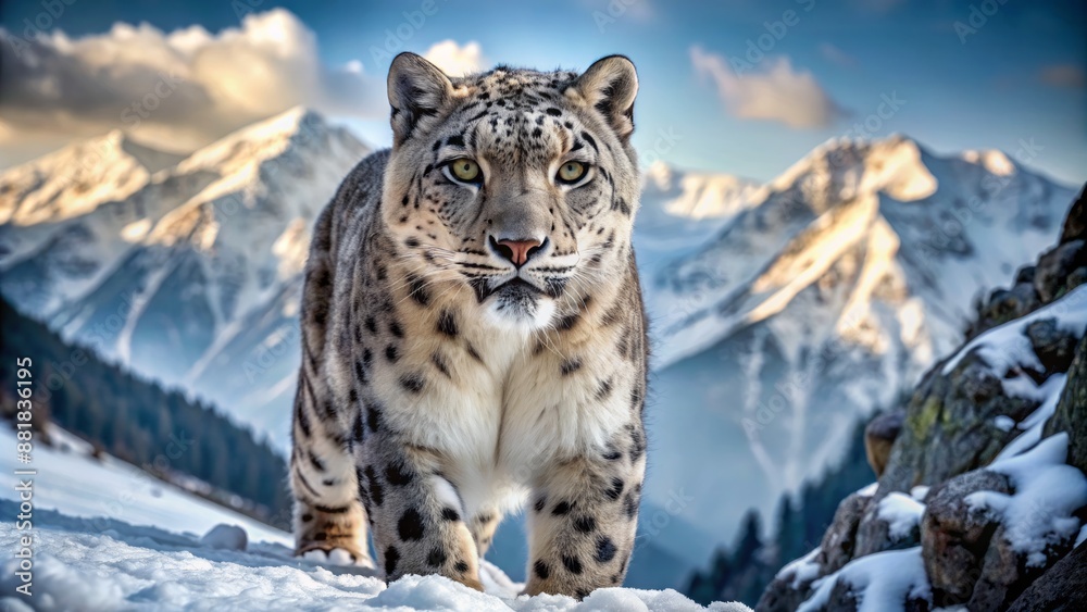 Obraz premium Majestic snow leopard with piercing yellow eyes and focused expression walks alone through serene snowy mountains, its fur blending seamlessly.