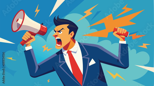 Aggressive Advertising Campaign with Furious Businessman Shouting on Megaphone to Open Minds and Influence Beliefs