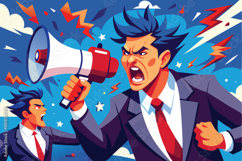 Aggressive Advertising Campaign with Furious Businessman Shouting on Megaphone to Open Minds and Influence Beliefs
