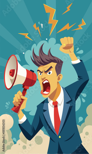 Aggressive Advertising Campaign with Furious Businessman Shouting on Megaphone to Open Minds and Influence Beliefs