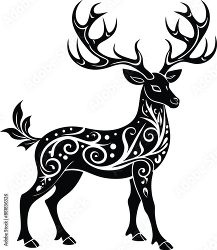 decorative deer illustration. wildlife, mammal, forest, buck, stag, male, background, antlers, fauna, brown, 