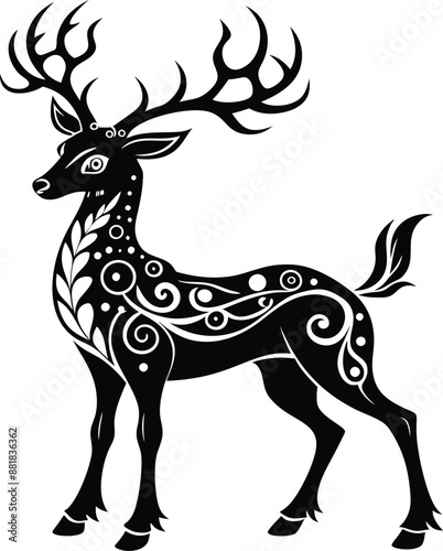 decorative deer illustration. wildlife, mammal, forest, buck, stag, male, background, antlers, fauna, brown, 