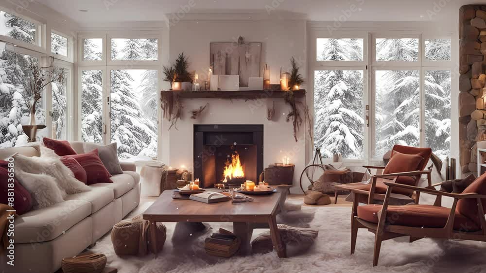 fireplace at modern house on nature during winter time. Concept of winter mood and comfort at home. Seamless looping overlay 4k virtual video animation background fireplace at modern house on nature during winter time. Concept of winter mood and comfort at home. Seamless looping overlay 4k virtual video animation background