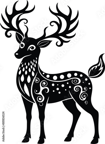decorative deer illustration. wildlife, mammal, forest, buck, stag, male, background, antlers, fauna, brown, 
