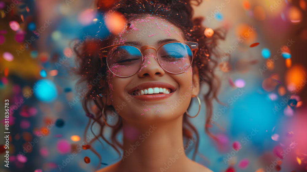 Portrait of a cheerful beautiful girl standing under confetti rain and celebrating Portrait of a cheerful beautiful girl standing under confetti rain and celebrating