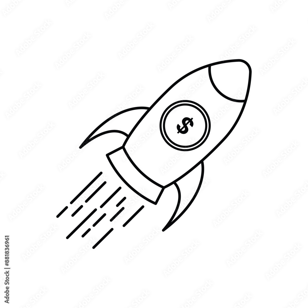 A space shuttle with windows in the shape of coins, symbolizing financial exploration