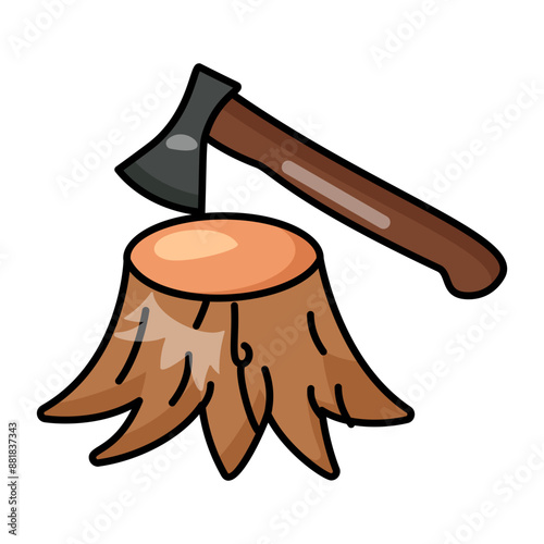 Axe and small remaining portion of the trunk with the roots concept, vector outline design, timber and lumber Symbol,  forest Deforestation products Sign,mill yard and sawworks stock illustration