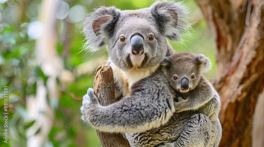 Fototapeta premium A koala mom carrying her joey on her back.